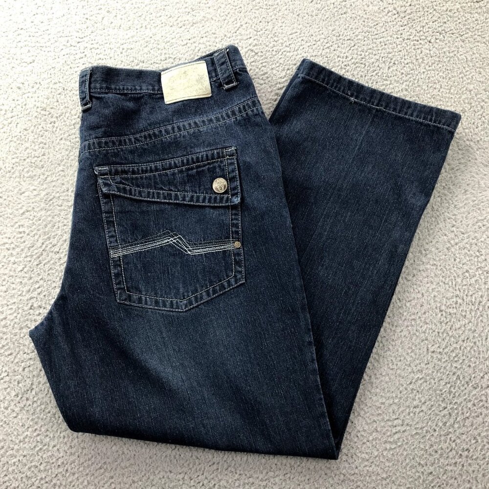 RAIDER Jean Co Vintage Mens 42x32 Straight Wide‎ Leg Flap Pocket Dark Wash Denim